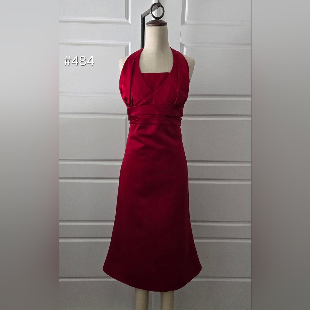 Red Satin Midi Halter Formal Dress